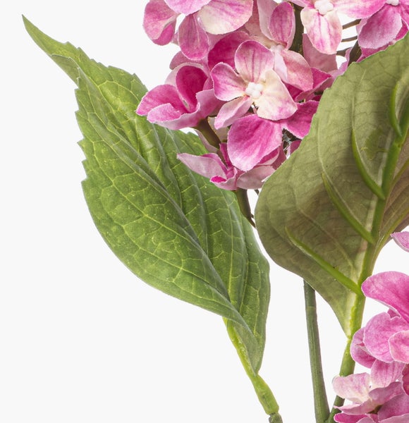 Künstliche Hortensie als Zweig mit rosa Blüten und grünen Blättern.