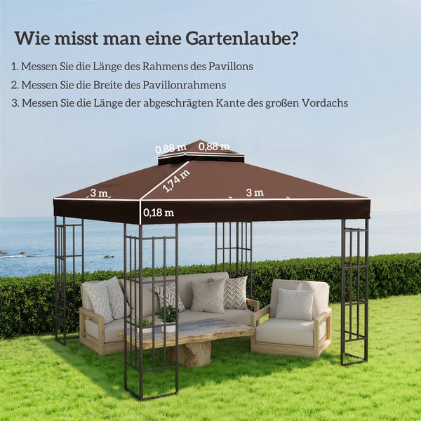 Anleitung zum Ausmessen einer Gartenlaube mit einem Pavillon aus Metall und Stoff sowie Maßangaben für Rahmen und Dachkante in Metern.