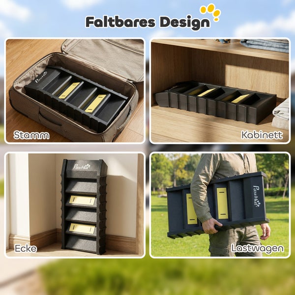 Faltbare PawHut Hunderampe mit PawHut Logo in kompakten Aufbewahrungssituationen wie Koffer, Schrank, Zimmerecke und beim Tragen.