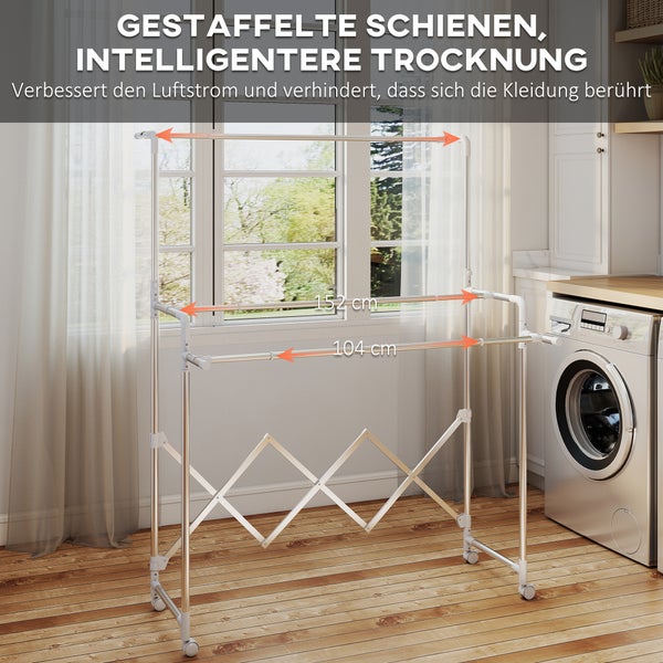 Ausziehbarer Wäscheständer aus Metall auf Rollen mit versetzten Stangen für bessere Belüftung, Breite von 104 bis 152 Zentimeter.