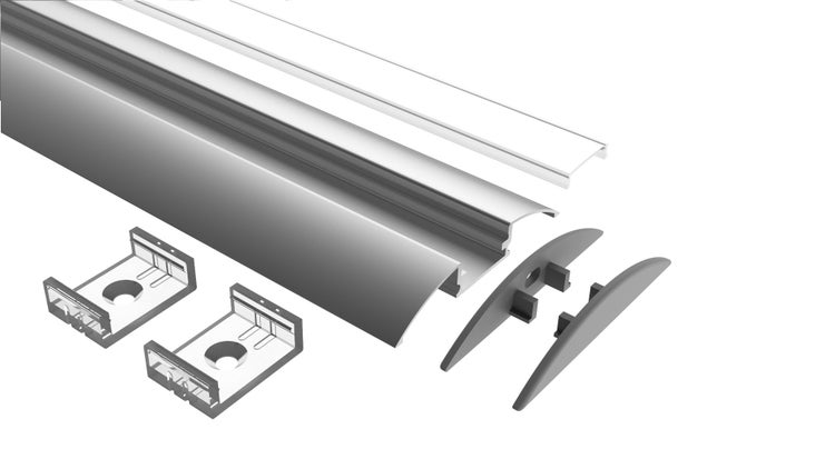 TIVENDIS Led Alu Profil 2 m KK mit Zubehör für Strip / Streifen bis 12 mm breit | Abdeckung satiniert milchig  |  Einabu Aufputz Sockelleiste Fußleiste Bodenleiste eloxiert