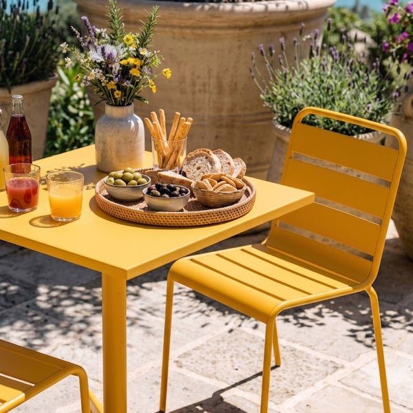 Gelber Metall-Bistrotisch und Gartenstuhl auf einer Steinterrasse mit Blumen und Frühstückstablett.