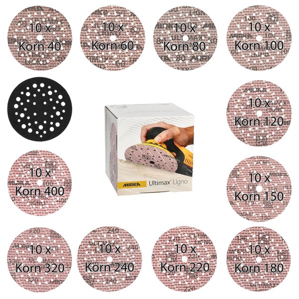Set aus Mirka Ultimax Ligno Schleifscheiben mit verschiedenen Körnungen und Verpackung.
