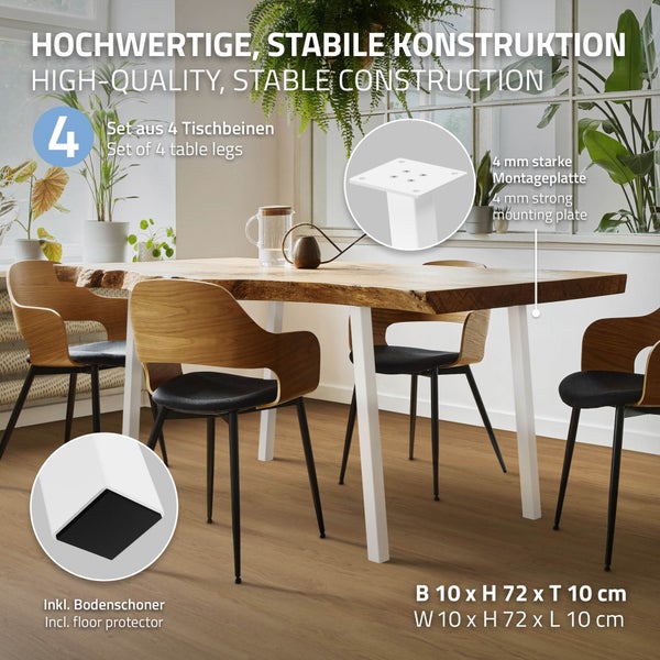 ML-Design 4er Set Tischbeine schräg 72 cm, Weiß glänzend, aus pulverbeschichtetem Stahl, eckig, Profil 4x4 cm, I-Form, Möbelfüße Metall 96° Neigung, Tischfüße Möbelbeine für Esstisch & Schreibtisch