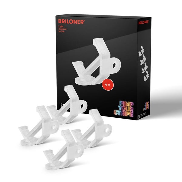 Briloner Eckmontage-Adapter für LED-Streifen, Set bestehend aus 4 Stück, weiß. Briloner Logo.