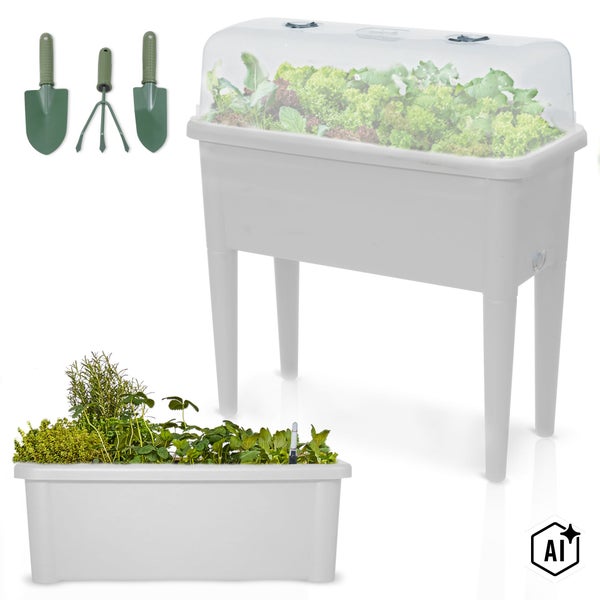 Kunststoff Hochbeet mit Abdeckhaube und Pflanzkasten inklusive Gartenwerkzeug für die Anzucht von Kräutern und Gemüse im Garten oder auf dem Balkon