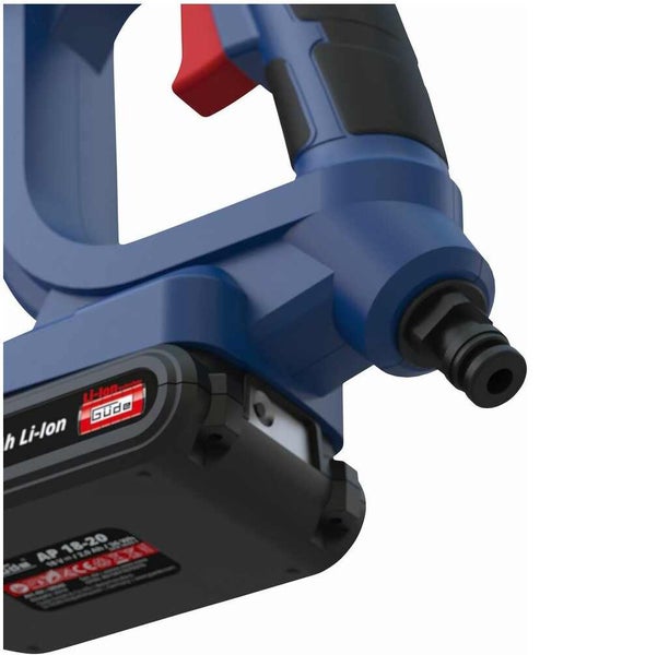 Nahaufnahme eines Güde Akku-Druckreinigers mit 18 Volt Lithium-Ionen-Akku und Schlauchanschluss.