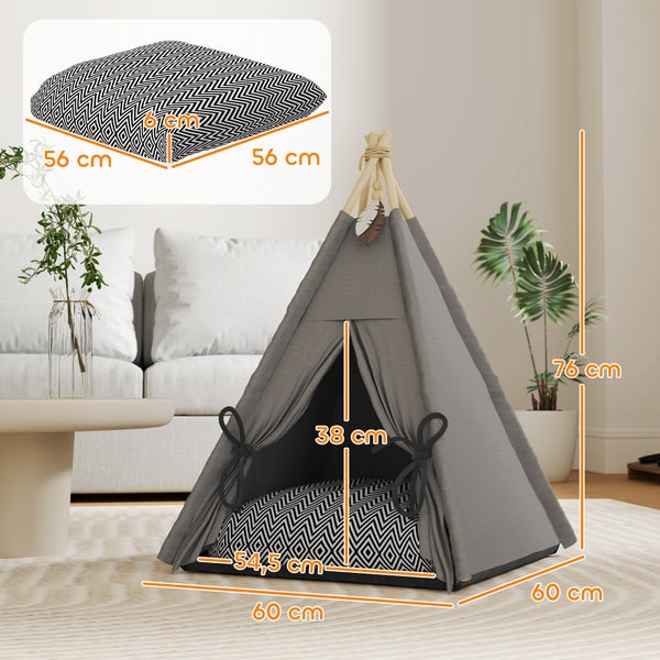 PawHut Tipi Zelt für Haustiere, Katzenzelt mit abnehmbar und waschbar Kissen, Katzenhaus mit rutschfestem Boden, Spielball, für Katzen unter 5kg, Mini Hunde, 60 x 60 x 76 cm, Grau