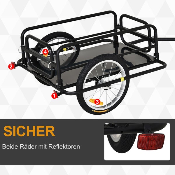 HOMCOM Fahrradanhänger, Lastenanhänger für Fahrrad, 40 kg Belastbarkeit, 139 x 71,5 x 49 cm, Stahl, Schwarz