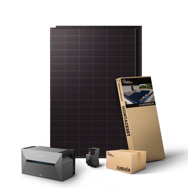 Balkonkraftwerk-Set mit zwei Solarmodulen, Anker SOLIX Batteriespeicher, Smart Meter, Montageset für Flachdächer und Zubehörkarton.
