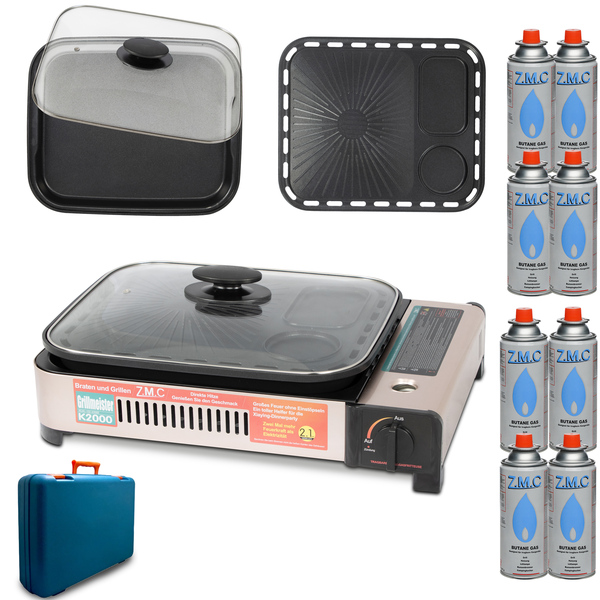 ZMC 2-in-1 Gaskocher und Gasgrill + 8 Gaskartuschen 227g, inkl. Grillplatte, Pfanne, Glasdeckel und Koffer, Campingkocher für innen- und Außenbereich, Tischgrill mit Piezo-Zündung