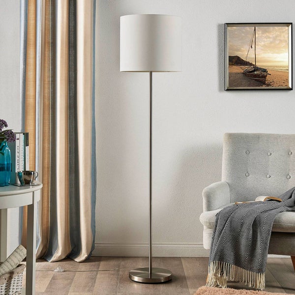Lindby Textil Stehlampe weiß, Stehleuchte Stoff Lampenschirm mit Fußschalter 1x E27 max. 60W (ohne Leuchtmittel) Leselampe Standleuchte