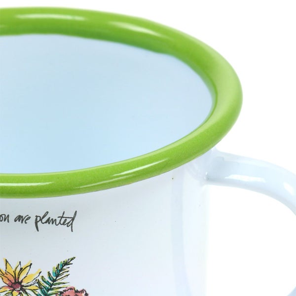 Emaille Tasse mit Pflanzenmotiv und grünem Rand