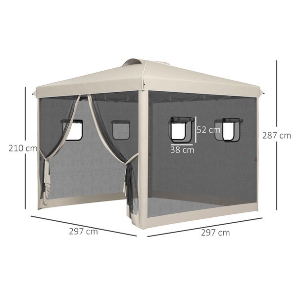Outsunny Faltpavillon ca. 3 x 3 m, Pavillon mit 4 Netzvorhängen, Gartenpavillon mit UV-Schutz, Pop Up Pavillon mit Fenster, Tragetasche, für Garten, Pavillon, Beige