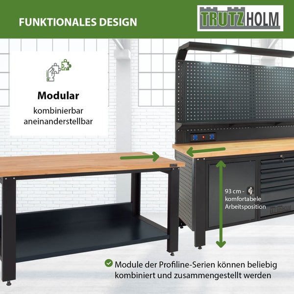 Modulare Werkbank der Trutzholm Profiline Serie mit Arbeitsplatte aus Holz und Metallunterbau in einer Werkstattumgebung.
