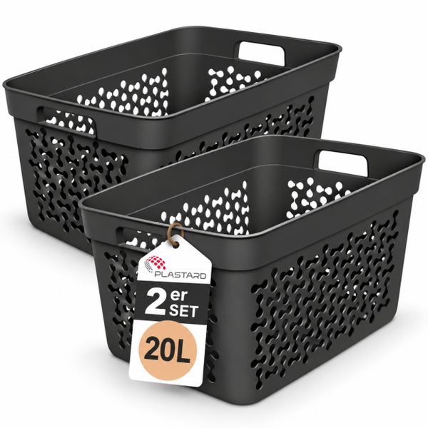 Zweier Set Kunststoff Aufbewahrungskörbe mit Durchbruchmuster und Tragegriffen, Volumen zwanzig Liter, Plastard Logo.