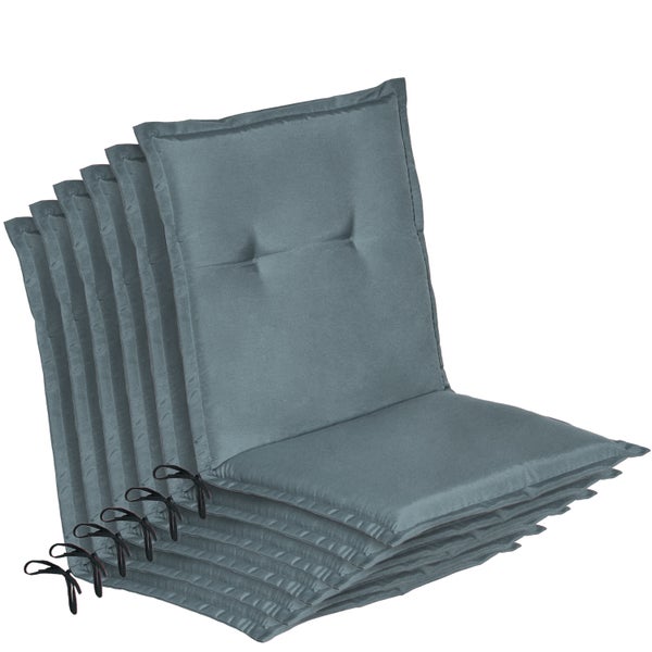 Sechser-Set graue Gartenstuhlauflagen für Niedriglehner mit Haltebändern.