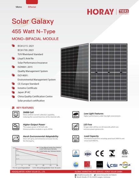 Horay Solar Galaxy 455 Watt N-Type Mono-Bifaziales Solarmodul