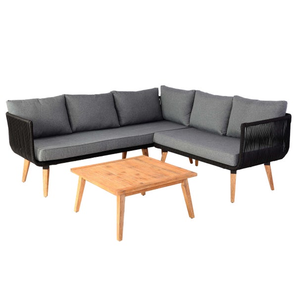 Ecklounge-Set bestehend aus einem L-förmigen Sofa mit grauem Seilgeflecht und einem quadratischen Couchtisch aus Holz.