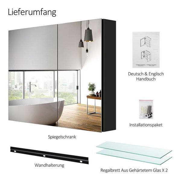 EMKE Spiegelschrank 75x65 cm, 2-türig, Schwarz, mit 3 Ablageflächen, kupferfreies & rostfreies Spiegelglas, Dämpfscharniere, großer Stauraum, für Badezimmer
