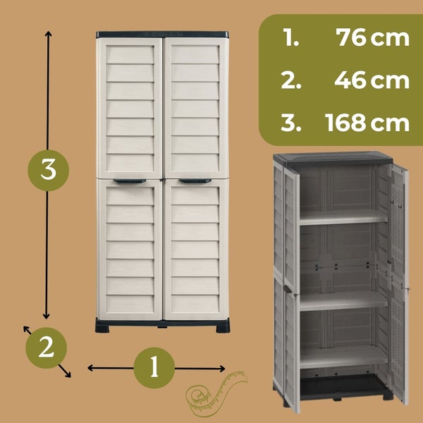 Abbildung eines Kunststoffschranks mit den Maßen 76 cm Breite, 46 cm Tiefe und 168 cm Höhe.