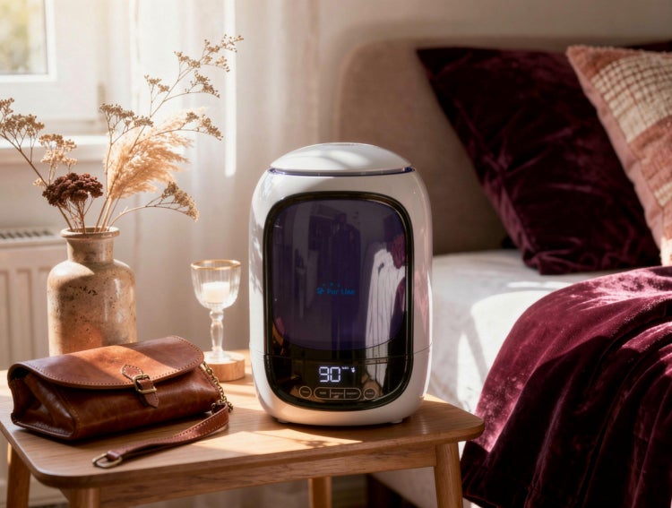 Weißer Pur Line Luftbefeuchter mit digitaler Anzeige auf einem Holztisch in einem hellen Schlafzimmer neben einer Vase und einer Ledertasche.