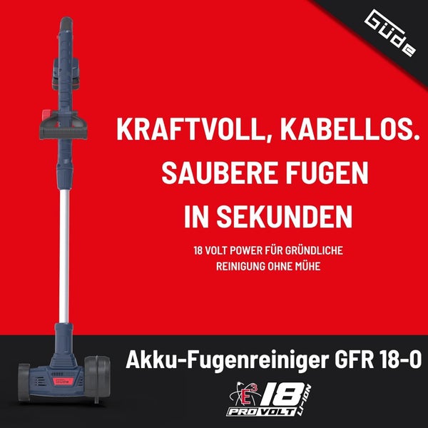 Güde Akku-Fugenreiniger GFR 18-0, 18 Volt Power für saubere Fugen in Sekunden, kabellos und kraftvoll. Güde Logo.