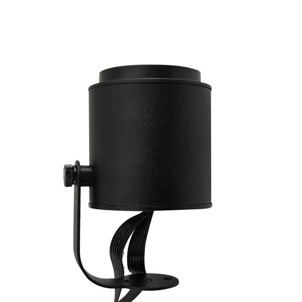 Zylindrischer schwarzer Außenstrahler mit verstellbarem Haltebügel und Montageplatte.