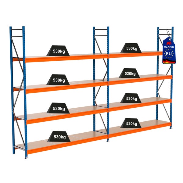 Regal mit einer Traglast von 530 Kilogramm und Hergestellt in der EU Kennzeichnung