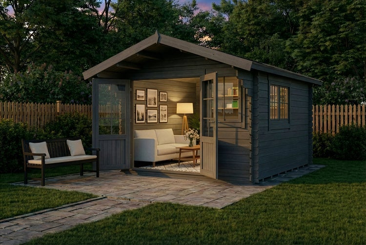 Holzgartenhaus mit geöffneten Doppeltüren, Gartenmöbeln und Dekoration im Inneren