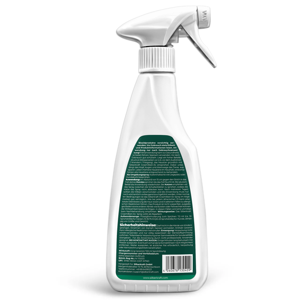 Silberkraft Grasmilben-Ex Spray für Hunde & Katzen 500 ml, effektiver Schutz gegen Gras-Milben, Parasiten & Ungeziefer, lindert Juckreiz, für Fell, Liegeplätze & Umgebung