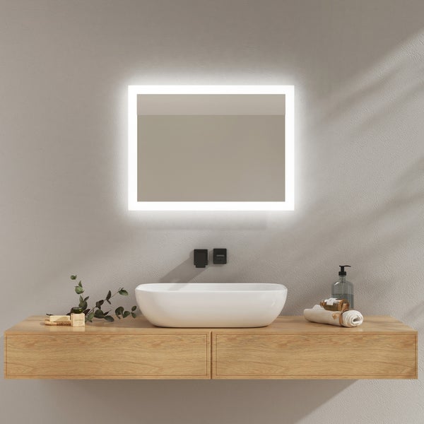 EMKE Badspiegel mit Beleuchtung, LED-Spiegel mit Kippschalter, 45 x 60 cm, Anti-Beschlag, Kaltweiß/Warmweiß, 4 mm rostfreier Spiegel mit satiniertem Rand, für Badezimmer