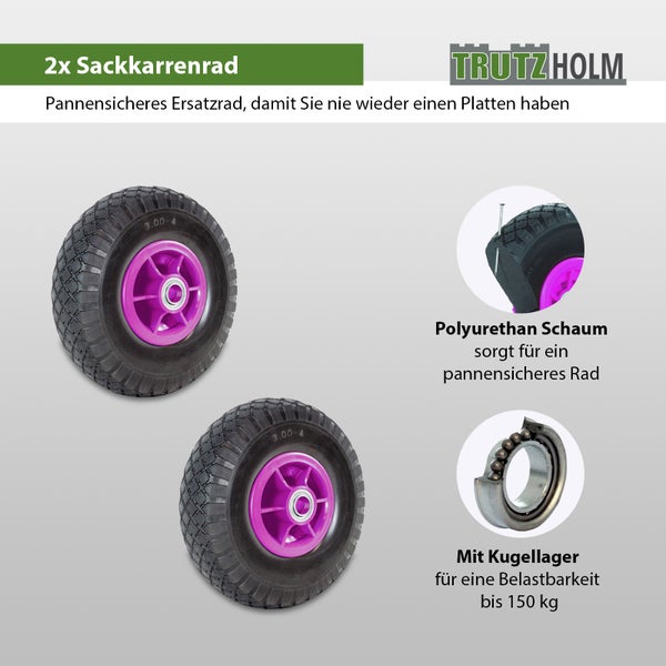 Zwei pannensichere Sackkarrenräder von Trutzholm aus Polyurethan Schaum mit Kugellager und einer Tragkraft von bis zu 150 Kilogramm.