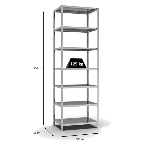 PROREGAL Fachbodenregal Schraubsystem Light-Duty Grundregal HxBxT 300 x 100 x 60 cm 7 Ebenen Fachlast 125 kg Beidseitig Nutzbar Verzinkt