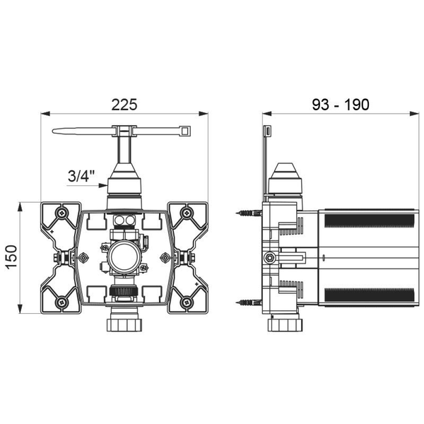 Technische Zeichnung eines Unterputz Montageelements für Wasserarmaturen mit Anschlussmaßen in Millimetern.