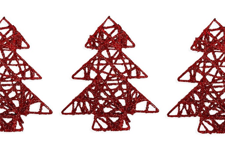 Drei glitzernde Tannenbaum Anhänger aus Drahtgeflecht als Weihnachtsdekoration