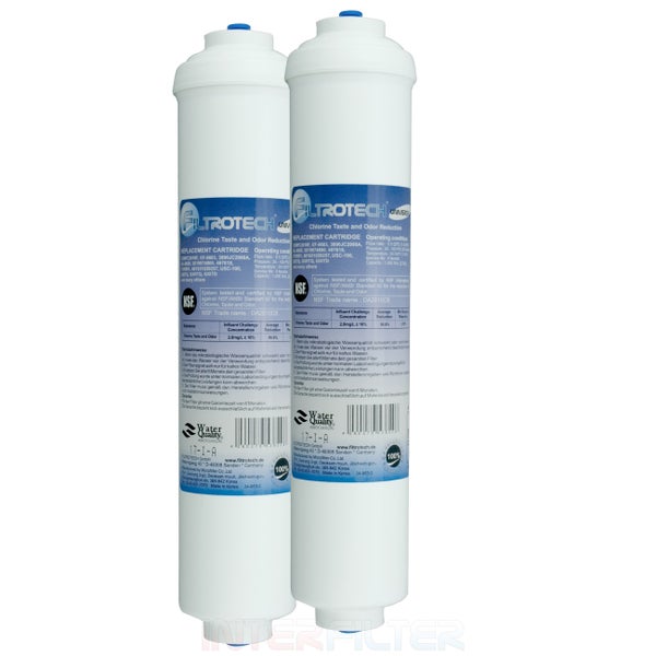 Zwei Wasserfilter Kartuschen von Filtrotech zur Reduzierung von Chlor, Geschmack und Geruch im Wasser.