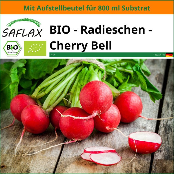 SAFLAX Garden in the bag - BIO - Radieschen - Cherry Bell - Raphanus sativus - 100 Samen - Mit Anzuchtsubstrat im praktischen, selbst aufstellenden Beutel