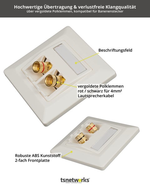 Bananenstecker Lautsprecher Anschlussdose mit Polklemme Keystone Modul vergoldet rot/schwarz, High End Anschlussterminal mit Bananenstecker Buchse für Lautsprecherkabel bis 4 mm²