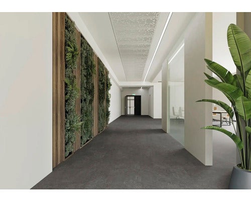 Moderner, heller Flur mit vertikaler Pflanzenwand an Holzpaneelen, dunklem Boden und großer Zimmerpflanze. Glaswände zeigen einen Bürobereich.