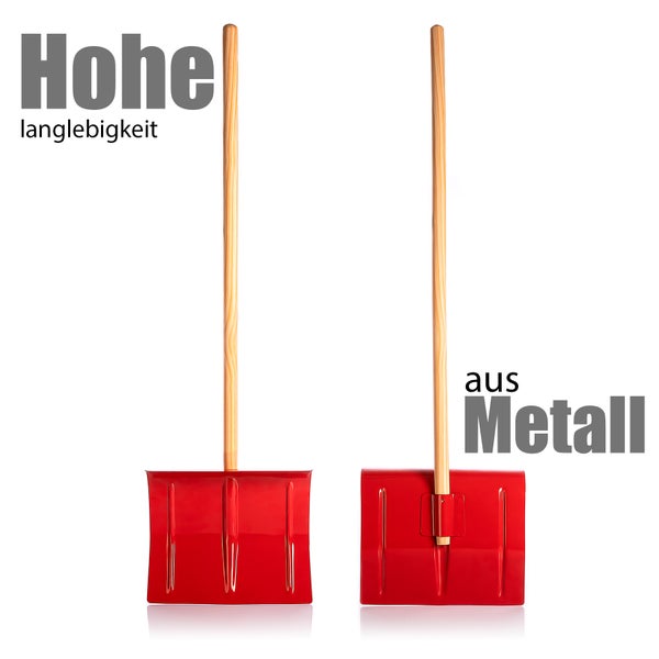 Zwei rote Schneeschaufeln aus Metall mit Holzstiel