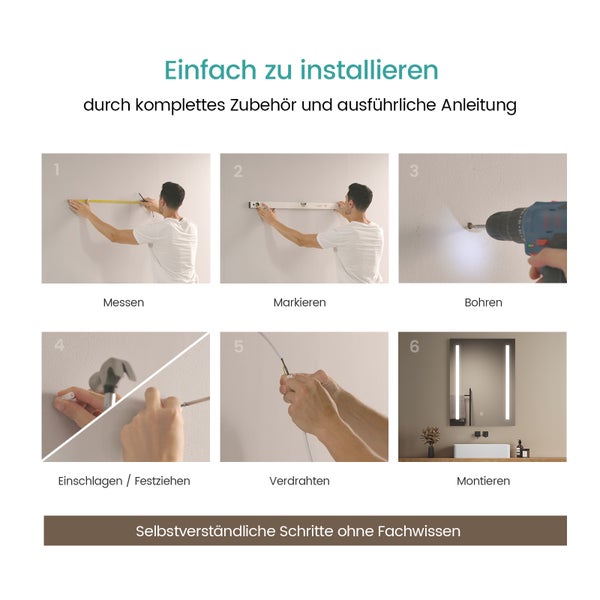 EMKE Badspiegel mit Beleuchtung 80x60 cm, 45W LED-Wandspiegel, kaltweißes Licht, Touch-Schalter, Antibeschlag, Memory-Funktion, 5 mm rostfreier Spiegel mit mattiertem Rand, IP44, für Bad