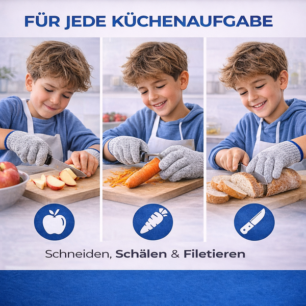 Ein Kind nutzt schnittfeste Handschuhe zum Schneiden von Äpfeln, Schälen von Karotten und Aufschneiden von Brot in der Küche.