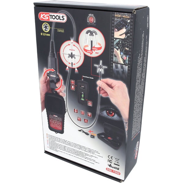 KS TOOLS HD-Videoskop-Satz mit Ø 3,9 mm 180° und 0° HD Frontkamera-Sonde flexible PVC Hülle 3tlg. - 550.7550