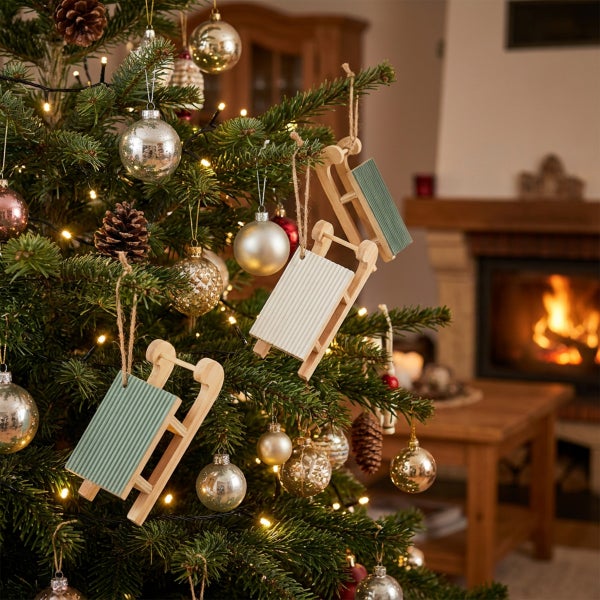 Weihnachtsbaum geschmückt mit Christbaumkugeln, Tannenzapfen, Lichterkette und hängenden Holzschlitten als Dekoration vor einem Kamin.