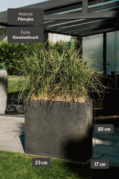 Rechteckiger Pflanzkasten aus Fiberglas in Kieselanthrazit, Höhe 80 Zentimeter, Breite 23 Zentimeter, Tiefe 17 Zentimeter, bepflanzt mit Ziergras.