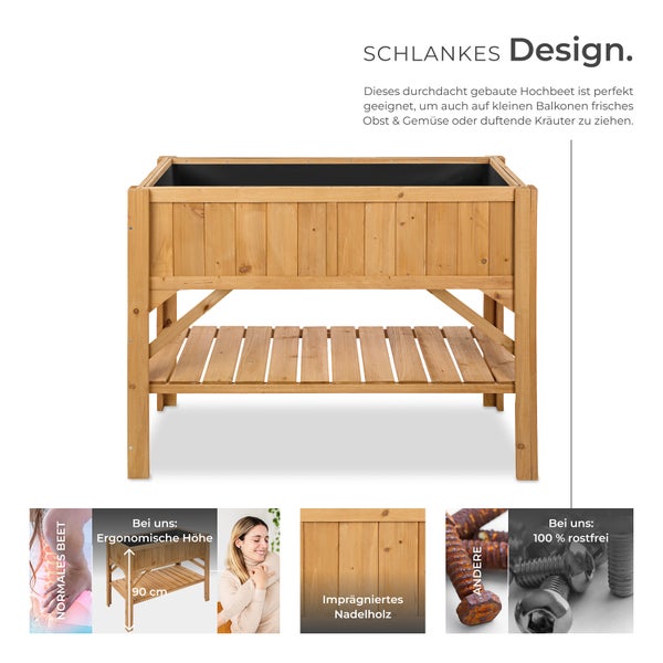 Hochbeet aus imprägniertem Nadelholz mit Ablageboden und ergonomischer Höhe.