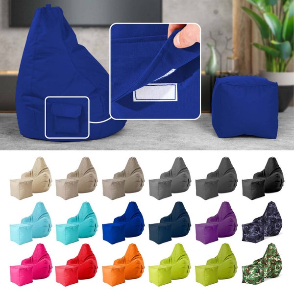 Green Bean 2er Set Sitzsack + Hocker - fertig befüllt - robust waschbar schmutzabweisend - Kinder & Erwachsene Bean Bag Bodenkissen Lounge Sitzhocker Relax-Sessel Gamer Gamingstuhl Pouf - Blau