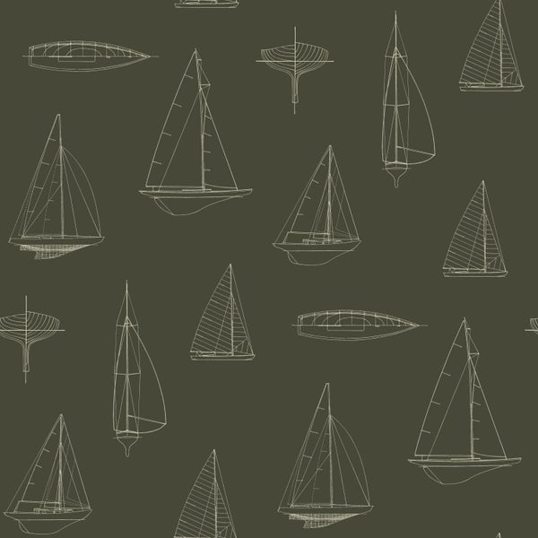 Tapete mit technischen Zeichnungen von Segelbooten in verschiedenen Perspektiven.
