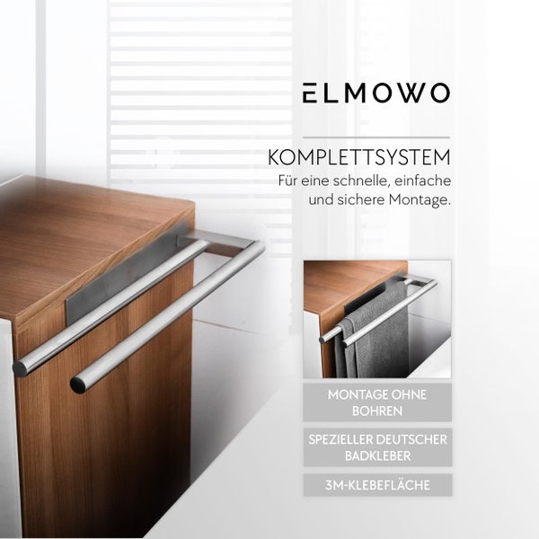 ELMOWO Handtuchhalter zur Montage ohne Bohren mit speziellem Badkleber und drei M Klebefläche für Badezimmermöbel.